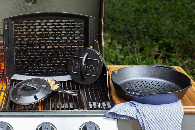 Lodge Pre-Seasoned Cast Iron Rectangle Grill Topper - Use on the Grill - Grilling Pan Designed to Protect Food from Falling Through the Grate - Cast Iron 15 Inch