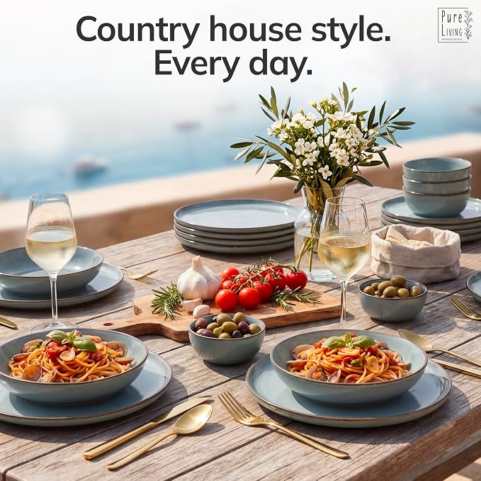Stoneware dinnerware set 8 persons Rustic 24 pcs - Rustic design dinnerware set, dishwasher safe - Bowl and plate set - Pure Living dinnerware in smoky blue…