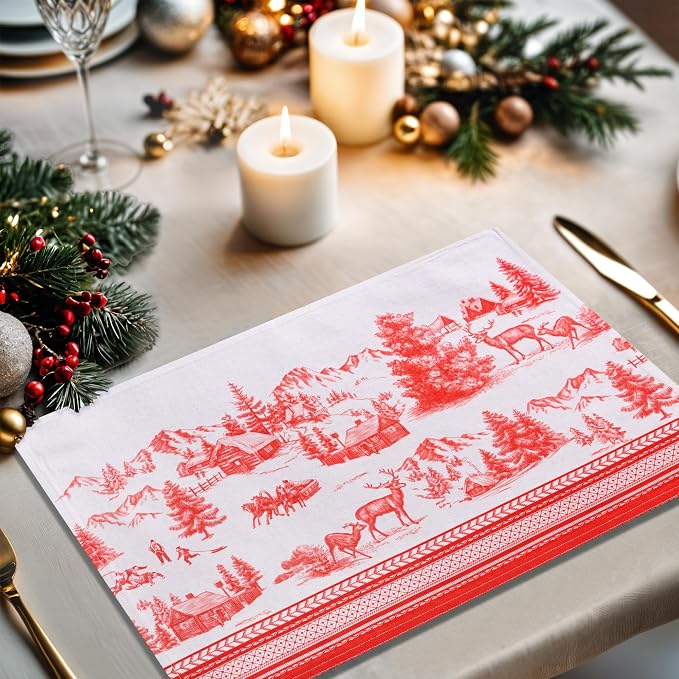 Maison d' Hermine Placemats Set of 4 Reusable 100% Cotton (13"x19") | Cloth Place Mats Washable Table Mats for Kitchen Dining Party Wedding Hotel Home Thanksgiving Christmas - Winter Jouy