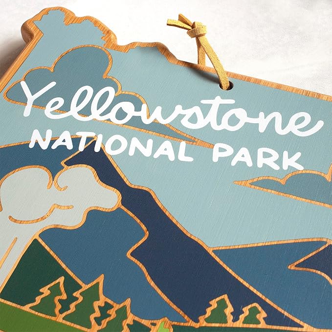 Totally Bamboo Yellowstone National Park Cutting Board, Summer Stokes Art | Yellowstone charcuterie board with colorful hand-drawn landscape art. Reverse side for food prep. Hang tie for wall display.