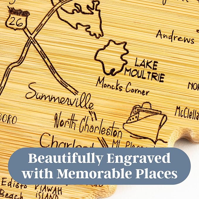 Totally Bamboo Destination South Carolina State Shaped Cutting Board | State charcuterie serving board with engraved map artwork. Smooth reverse side for food prep. Hang tie for wall display.