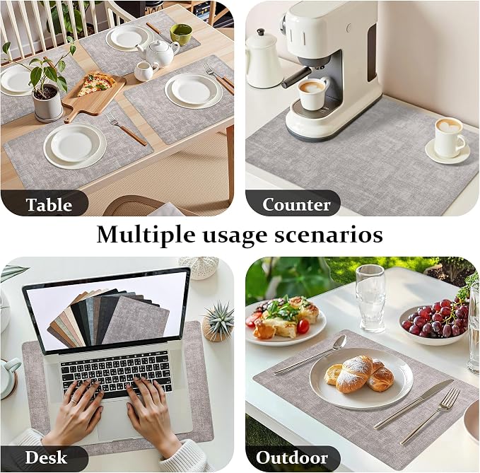 FROMHEART Faux Leather PU Placemats Set of 6 (Light Grey,11.8" x 17") | Waterproof,Heat/Oil Stain-Resistant Table Mat–Reversible,Non-Slip,Easy to Clean Place Mats for Kitchen,Dining,Indoor/Outdoor