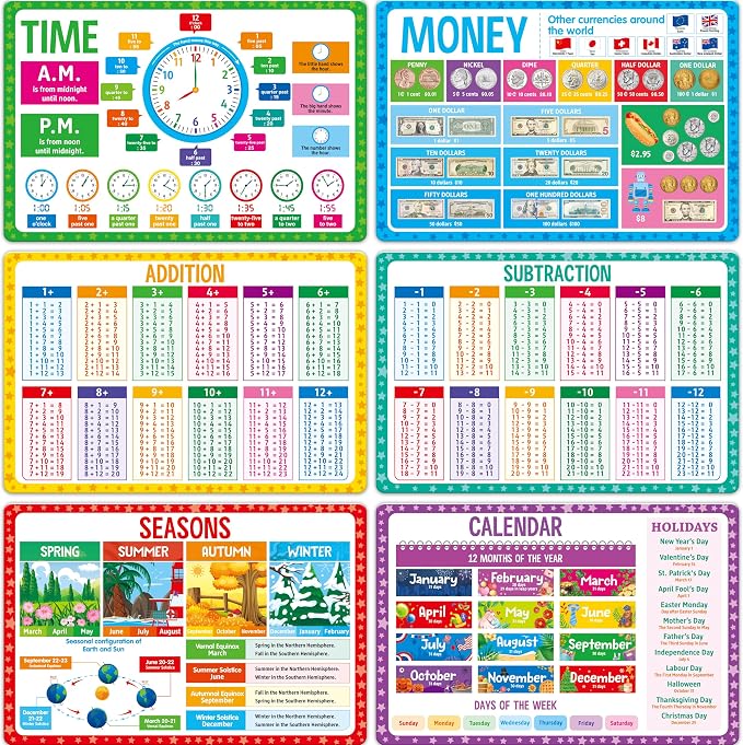 6 Pack Placemats for Kids, Non-Slip Washable Table Mat, Reusable Addition, Subtraction, Time, Calendar, Money & Holiday Placemats for Home, Kindergarten, Classroom, Nursery