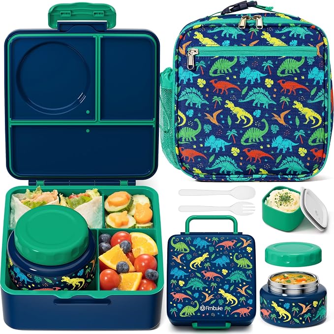 Fimibuke 60oz Kids Bento lunch Box with Insulated Lunch Bag & 8.5oz Thermo | Leakproof 3-4 Compartment Toddler Kids Lunch Box Food Container w/ Utensils, Sauce Cup for School Boys Girls, Dishwasher Safe