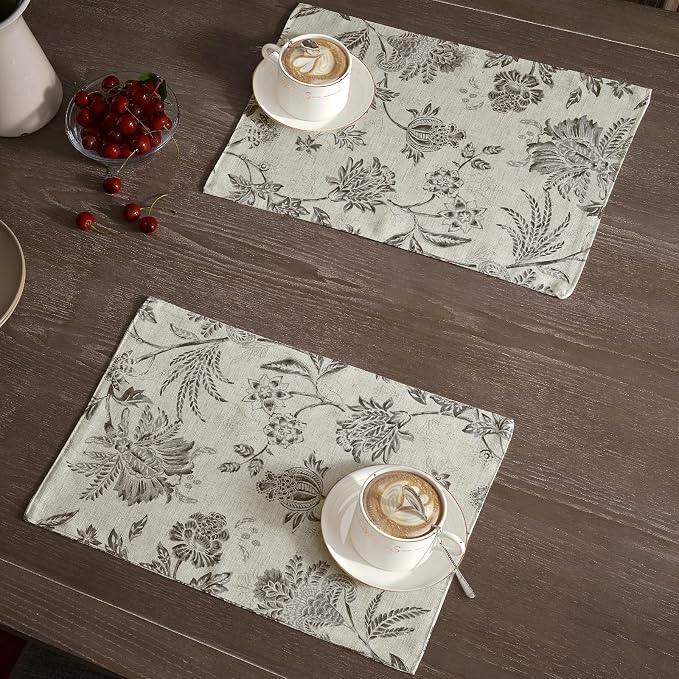 JINCHAN Sliva Linen Floral Placemats Set of 4 Farmhouse 13x19 Inch Grey | Fabric Placemats, Cottage Style, Painterly Floral Pattern, Machine Washable, Easy to Store, Reusable