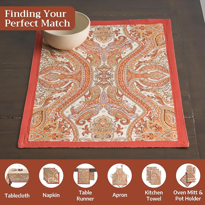 Maison d' Hermine Placemats Set of 4 Reusable 100% Cotton (13"x19") | Cloth Place Mats Washable Table Mats for Kitchen Dining Party Wedding Hotel Home Thanksgiving Christmas - Kashmir Paisley