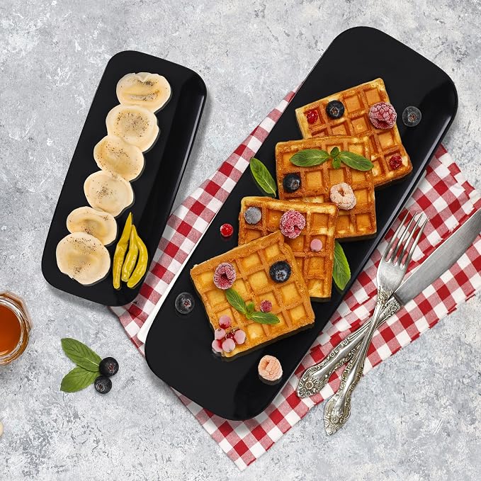 R-kay 4 Pack Plastic Serving Trays for Party - Black Serving Tray 17 by 6.5 in - Heavy Duty Dessert Trays for Food - Rectangular Party Serving Trays - Premium Party Trays - Black Platters