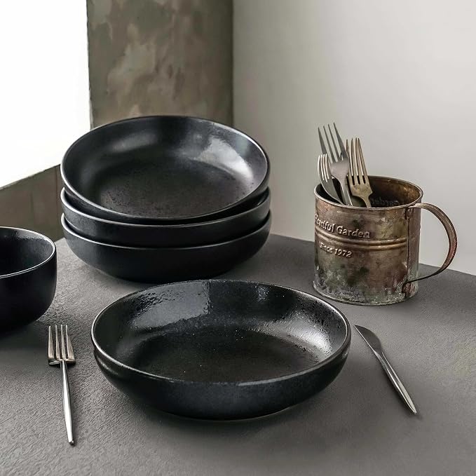 S&Q'S CERAMICS Large Serving Bowls Set of 4, 60 ounce Large Salad Bowls, 10'' Ceramic Wide Shallow Bowl Plates, Pasta Serving Dishes for Fruit, Microwave Safe(Black and Grey) (TSW2021)