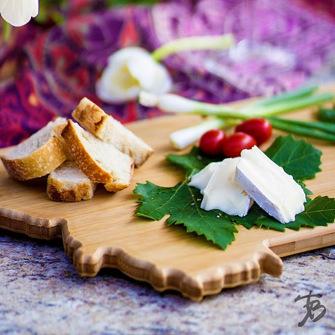 Totally Bamboo Montana State Shaped Bamboo Serving and Cutting Board | State charcuterie board with natural bamboo grain. Knife-friendly surface for food prep. Hang tie for wall display.