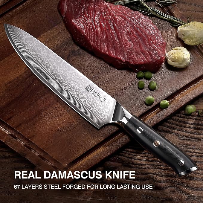 PAUDIN Chef Knife 8 Inch, Damascus Kitchen Knife with G10 Handle | 67-Layer Japanese VG10 Steel Core , Razor Sharp Japanese Chef Knife for Home, Restaurant