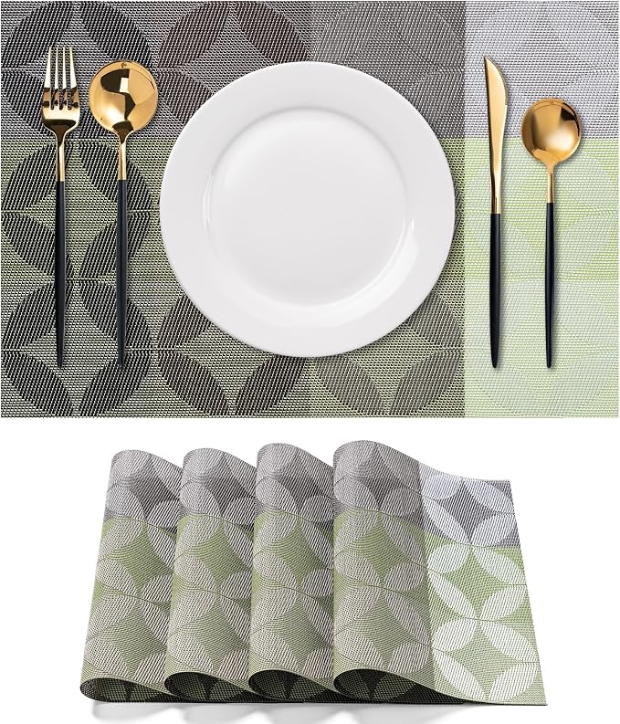 Placemats Set of 4 Washable Indoor(O-Petal Pattern - Green Color Scheme) | Outdoor Vinyl Place Mats for Dining Table Durable Non-Slip Heat Resistant PVC Weave Table Mats