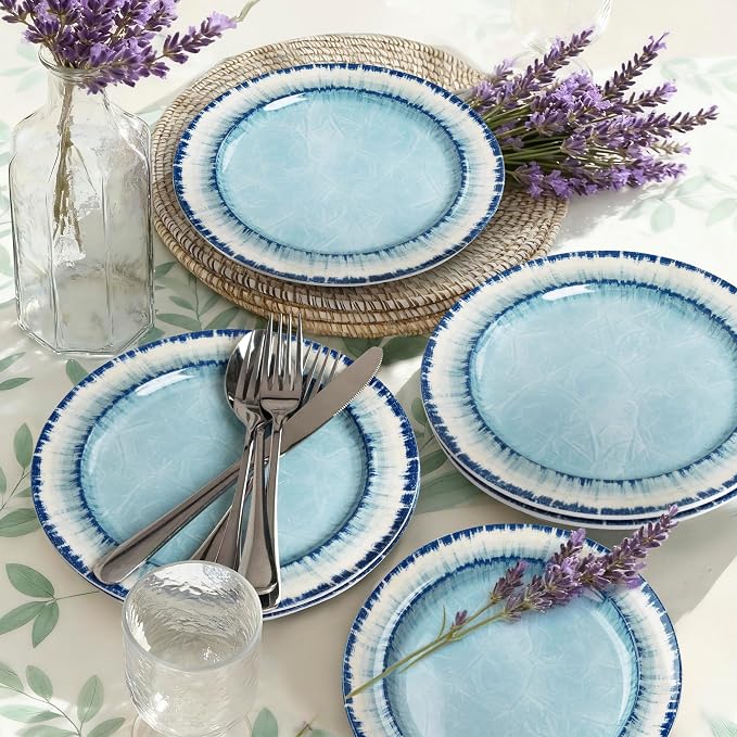 Melamine Dessert Plates Set of 6, 8.5 inch Small Dinner Plates for Indoor and Outdoor Use, Dishwasher Safe, Lightweight Unbreakable, BPA Free, Light Blue