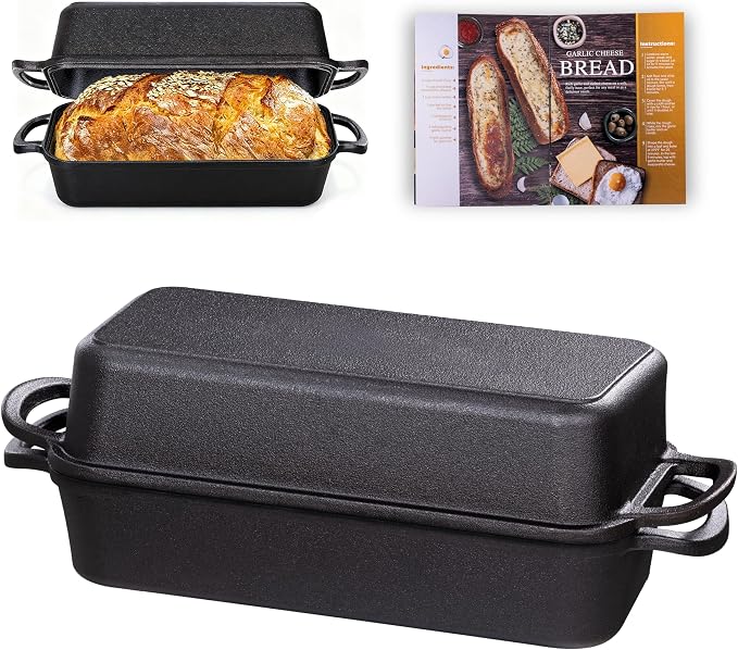 11x5 Inch Cast Iron Loaf Pan with Lid, Sourdough Pan | Large Dutch Oven Bread Loaf Pan for Sourdough, Homemade Bread Baking, Even Heat Distribution, 5.8Qt