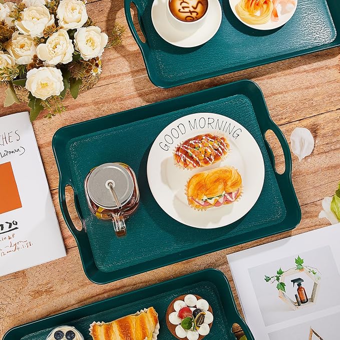 Kathfly 6 Pack 16" x 11" Serving Trays with Handles, Plastic Tray, Green | PP Material, Anti-skid Texture, Decorative Food Tray, for Restaurant, Hotel, Kitchen, Party; Not Microwave/dishwasher Safe
