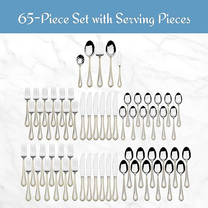 Mikasa, Gold Accent Regent Bead Flatware Service for 12, 65 Piece Set, 18/10 Stainless Steel, Silverware Set with Serving Utensils (Pack of 2)