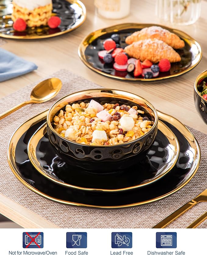 LOVECASA 12 Pieces Plates and Bowls Sets, Porcelain Black and Gold Dinnerware Sets, Round Dinner Plates Dishes Set Service for 4, Dishwasher Safe and Scratch Resistant, Black