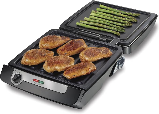 Hamilton Beach 4-in-1 Electric Indoor Grill & Electric Griddle Combo | 200 sq. in. PFAS-Free Non-Stick Cooking Surface Opens | Removable Interchangeable Grill & Griddle Plates | Black & Silver