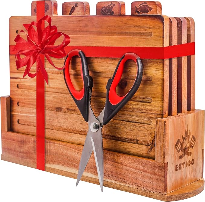 Acacia Wood Cutting Board Set with Scissors and Stand.