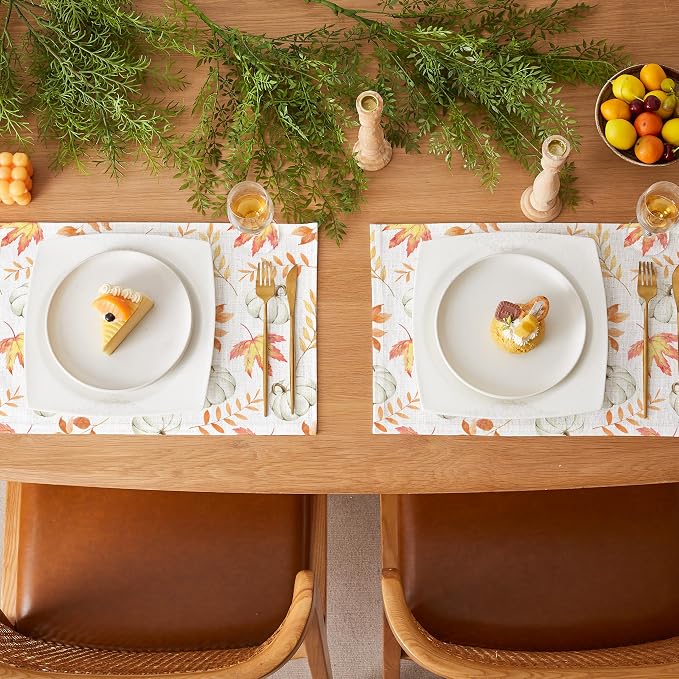 QIYI Boho Table Placemats Set of 6, 12"x18" Linen Place Mats, Maple Pumpkin | Fabric Place Mats for Kitchen Dinning, Farmhouse Rustic Cloth Table Mats, Washable Placemat Party Table Décor
