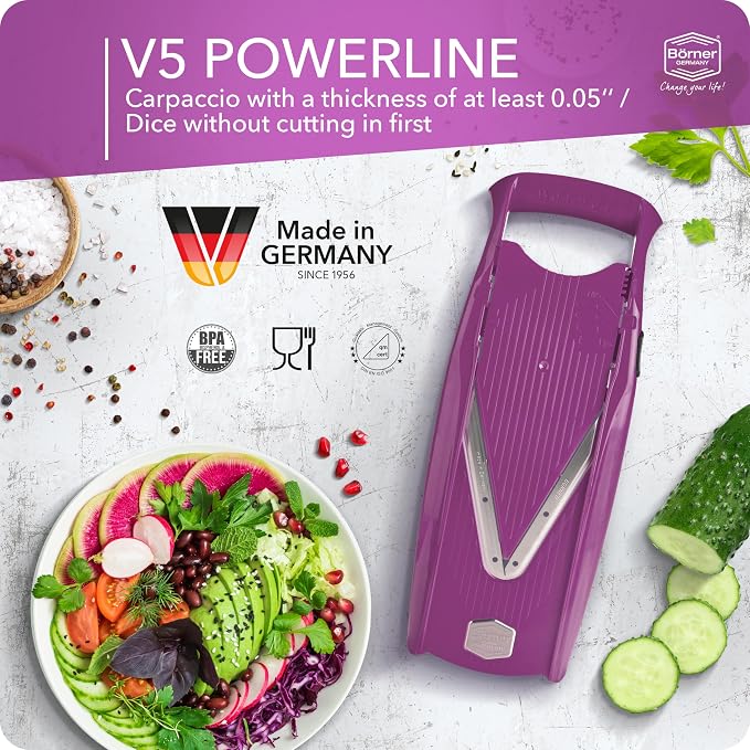 Mandoline Food Slicer Börner V5 (Starter Set) by Reston Lloyd • V-Slicer with Food Holder • Made in Germany • Fruit & Vegetable Chopper • Multiple Settings • Color: Purple