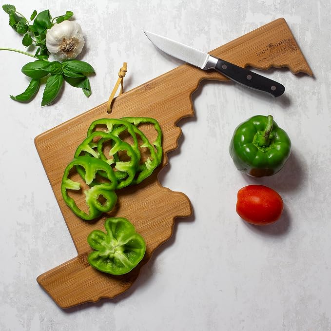 Totally Bamboo Maryland State Shaped Cutting Board, Summer Stokes Art | State charcuterie board with colorful hand-drawn landscape art. Smooth reverse side for food prep. Hang tie for wall display.