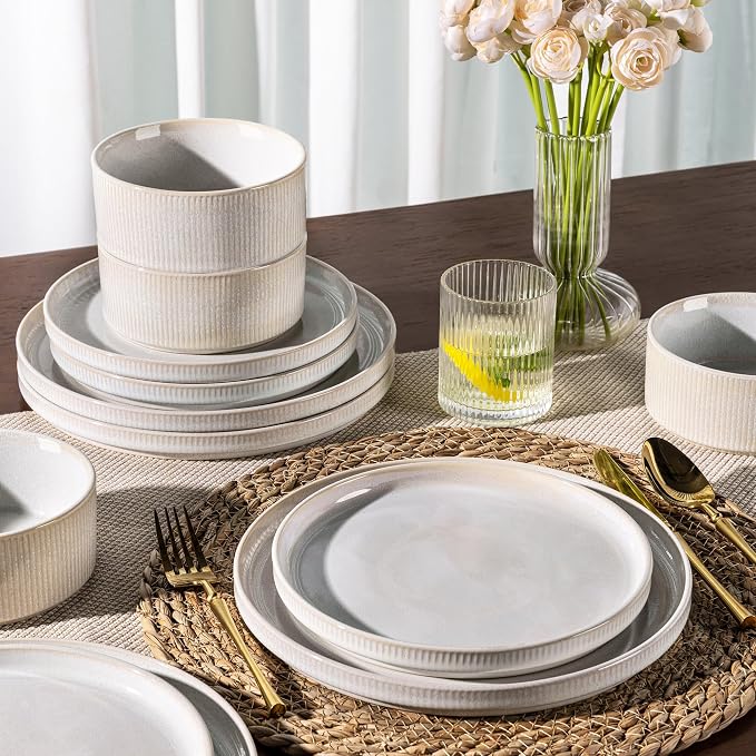 GBHOME Stoneware Dinnerware Sets for 8, 24-Piece Plates and Bowls Set | Handmade Reactive Glaze Ceramic Dish Set, Scratch Resistant, Dishwasher&Microwave Safe,Cloud White