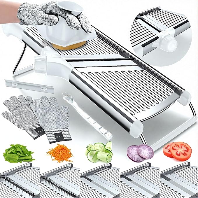 Gramercy Adjustable Mandoline Food Slicer, Mandoline Slicer for Kitchen, Mandolin, Potato, Tomato, Carrot, Vegetable, Fruit and Onion Cutter, Stainless Steel, INCLUDING Cut-Resistant Gloves, White PRO