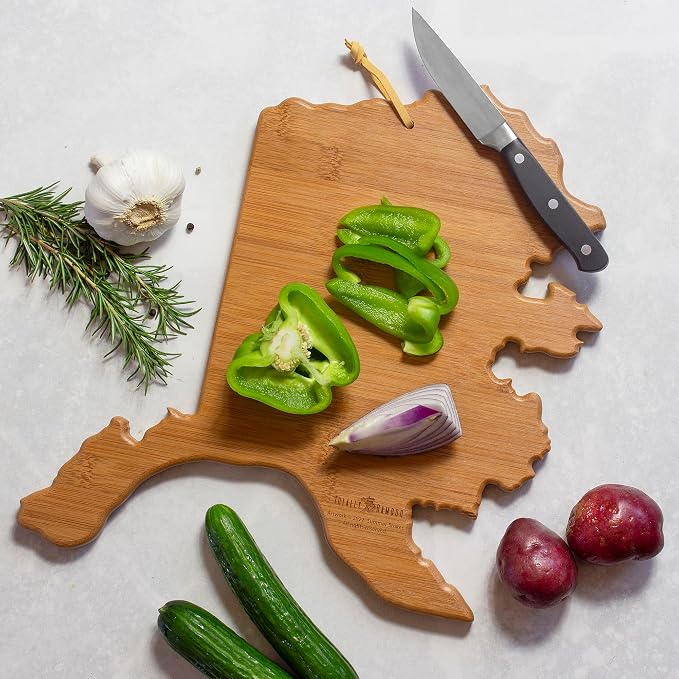 Totally Bamboo Alaska State Shaped Cutting Board, Summer Stokes Art | State charcuterie board with colorful hand-drawn landscape art. Smooth reverse side for food prep. Hang tie for wall display.