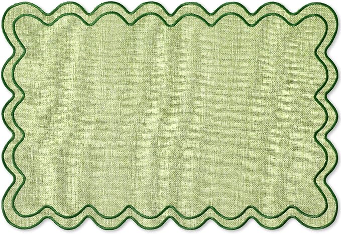 Whaline Sage Green Placemats Embroidered Scalloped Boho Kitchen Place Mats for Wedding Bridal Baby Shower Jungle Theme Party Home Dining Table Decor, Set of 6, 13 x 19 in
