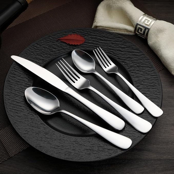 Amazon Basics Silverware Set, Stainless Steel Flatware, Dishwasher Safe, Service for 4, 20-Piece Forks and Spoons, Round Edge, Everyday Use (Pack of 2)