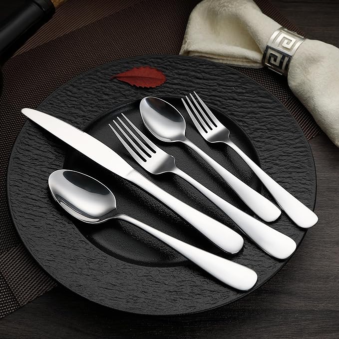 Amazon Basics Silverware Set, Stainless Steel Flatware, Dishwasher Safe, Service for 4, 20-Piece Forks and Spoons, Round Edge, Everyday Use