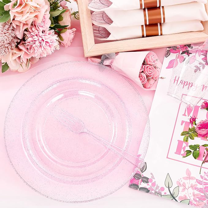 DaYammi 350PCS Rose Gold Glitter Dinnerware Set 50 Guest for Party- 50 Pink Plastic Dinner Plates, 50 Dessert Plates- 50 Per Rolled Napkins with Rose Gold Glitter Cutlery - 50 Cups 9 OZ