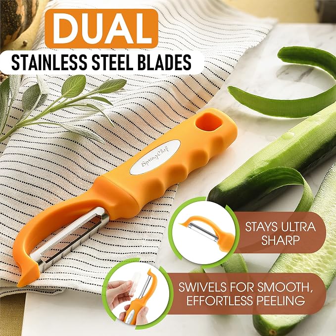 Spring Chef Swivel Potato Peeler with Soft Grip Handle, Set of 2, Mango | Premium Vegetable Peeler w/ Sharp Stainless Steel Blades, Multifunctional Food Peeler for Apple, Carrot, Cucumber, Fruit