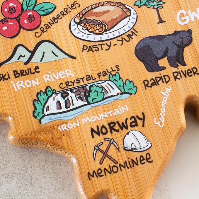Totally Bamboo Michigan Upper Peninsula Shaped Cutting Board, Fish Kiss Art | Upper Peninsula charcuterie board with colorful hand-drawn map art. Smooth reverse for food prep. Hang tie for wall display.