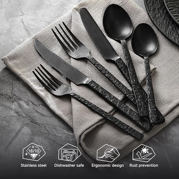 48 Pcs Black Hammered Silverware Set with Steak Knives for 8, 18/10 Stainless Steel Heavy Duty Flatware Set, Tableware Cutlery Utensil Sets for Home Restaurant Dishwasher Safe