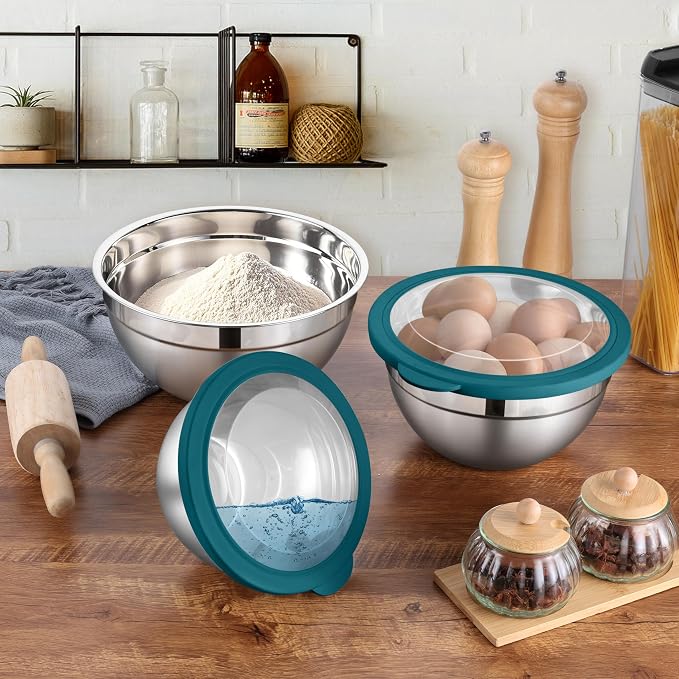 LIANYU Stainless Steel Metal Mixing Bowls, 3 Packs Nesting Bowl with Lid | Deep Bowls Set for Baking Cooking and Prepping, 4.6 & 3 & 1.5QT Large and Small Size, Include Visible & Airtight Lid, Blue