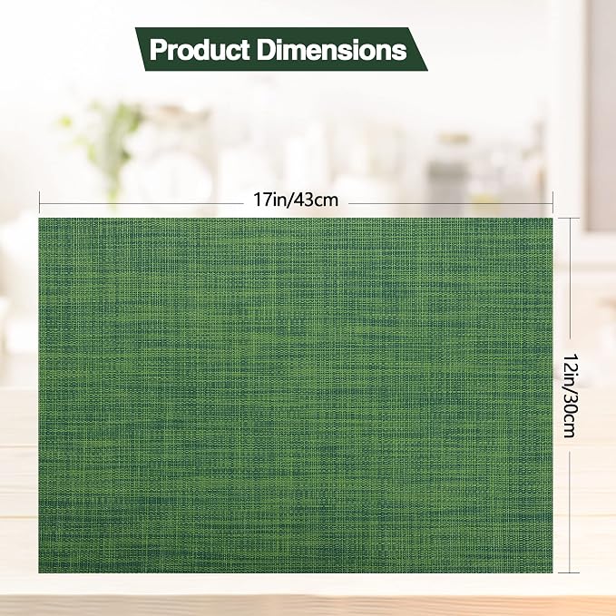 SLKQG Green Placemats Set of 8 - Wipe Clean Vinyl Placemats - Washable Heat Resistant PVC Placemats for Dining Table - 17x12 Inch (Green, 8)