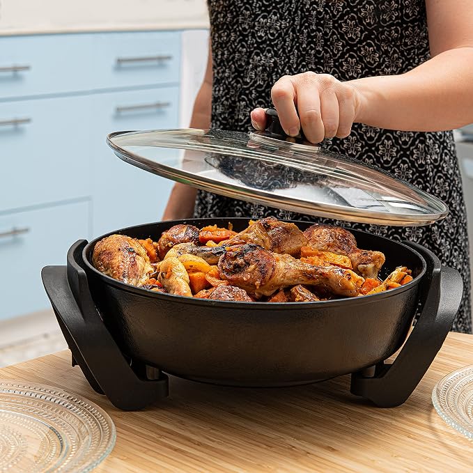 Moss & Stone Round Electric Skillet with Lid, 12-Inch Nonstick Frying Pan | 5 Qt Electric Frying Pan with Adjustable Temperature Control, Vented Glass Lid, Heat-Resistant Handles & Dishwasher Safe