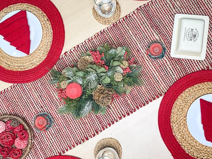 Natural Jute Table Runner 13x72 Inch – Vintage Boho Rustic Table Decor – Handwoven Table Runner in Natural Jute and Red – Farmhouse Dining or Console Table Accent