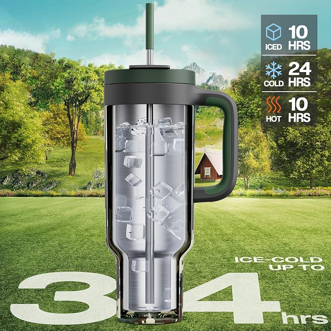 50 oz Camo Tumbler with Handle, 2-in-1 Straw and Sip Lid, Leakproof, Dishwasher Safe, Insulated Stainless Steel Travel Coffee Mug, Keeps Cold for 34 Hours, Fits in Car Cupholder (Woodland Flag)