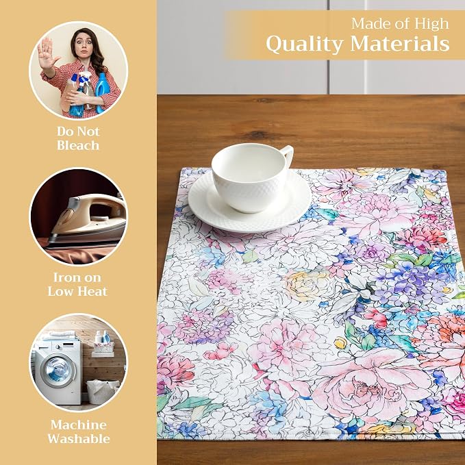 Maison d' Hermine Placemats Set of 4 Reusable 100% Cotton (13"x19") | Cloth Place Mats Washable Table Mats for Kitchen Dining Party Wedding Hotel Home Restaurant Spring Summer - Floral Love