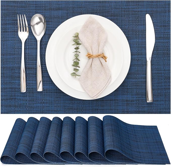 Myir JUN Placemats Set of 8 Kitchen and Dining Table Placemats | Vinyl Placemats Place Mats Indoor/Outdoor Set of 8 Washable Table Mats Non-Slip Place mats for Dining Table, Dark Blue