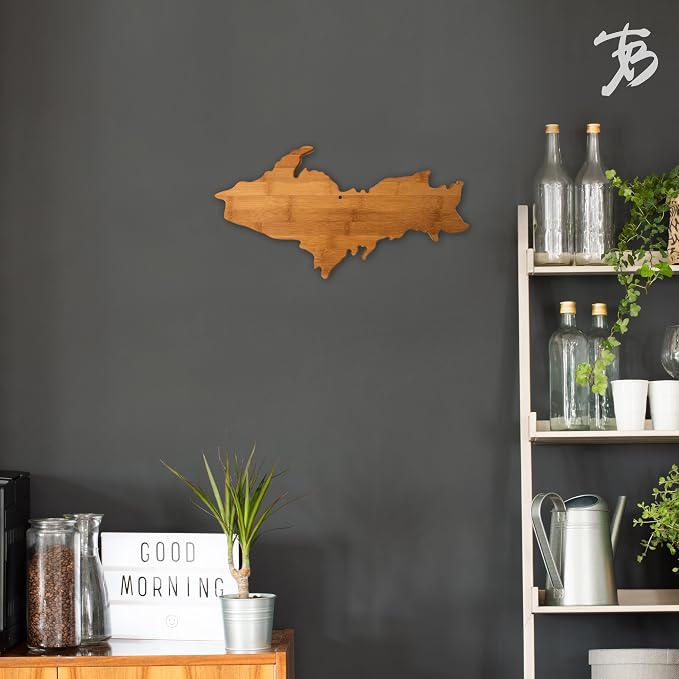 Totally Bamboo Upper Peninsula Shaped Bamboo Serving and Cutting Board | Upper Peninsula-shaped charcuterie board with bamboo grain. Knife-friendly surface for food prep. Hang tie for wall display.
