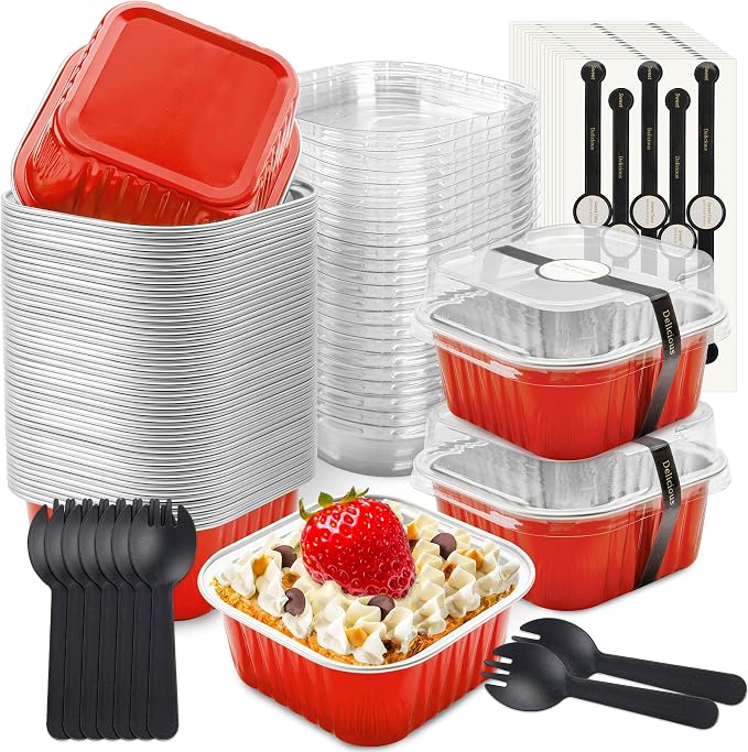 NPLUX Mini Cake Pans with Lids, 50 Pack Red 5oz for Family Parties | Fits bars, pudding, crumble and layered desserts; paired extras make serving details easier to finish.