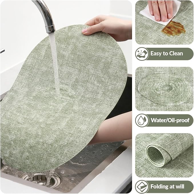 Placemats Set of 8, 11.8 x 17 Inch, Grass Green | Heat Resistant Oval Faux Leather Place Mats, Waterproof Wipeable Reversible PU Placemat, Indoor & Outdoor