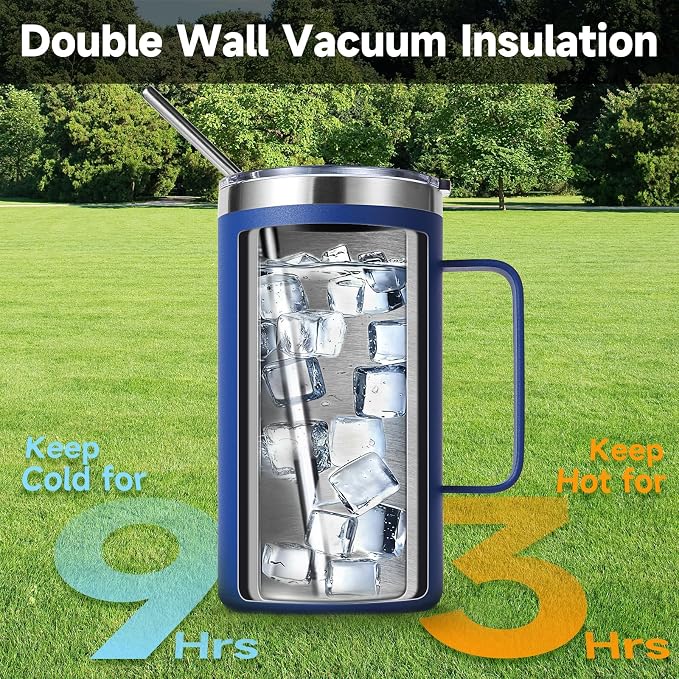 Volhoply 22oz Insulated Stainless Steel Coffee Mug with Leakproof Lid,Double Wall Vacuum Travel Coffee Cup with Handle,Reusable Metal Tumbler,Camping Mugs Keep Hot&Cold(Blue,1)