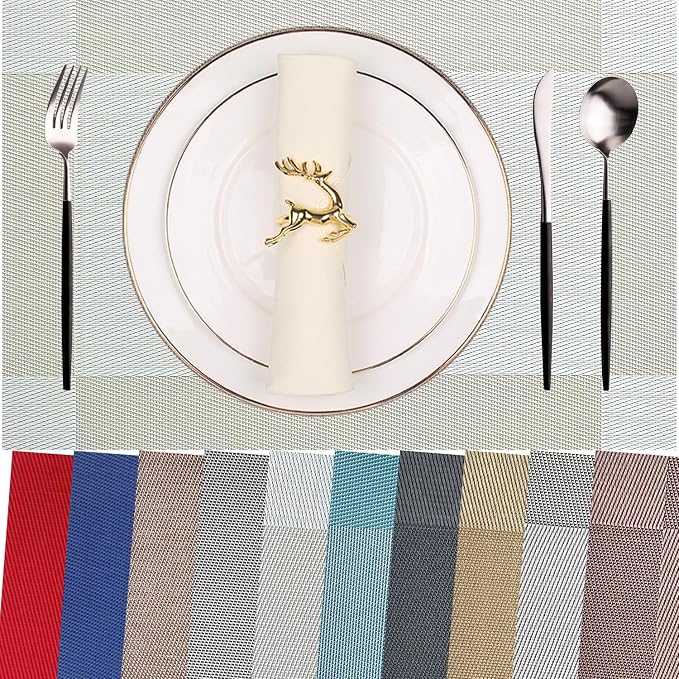 Vinyl Placemats Heat-Resistant Table Mats Washable Easy Clean Plastic Placemat for Kitchen Dining Table Set of 8 Indoor Outdoor (Beige White)