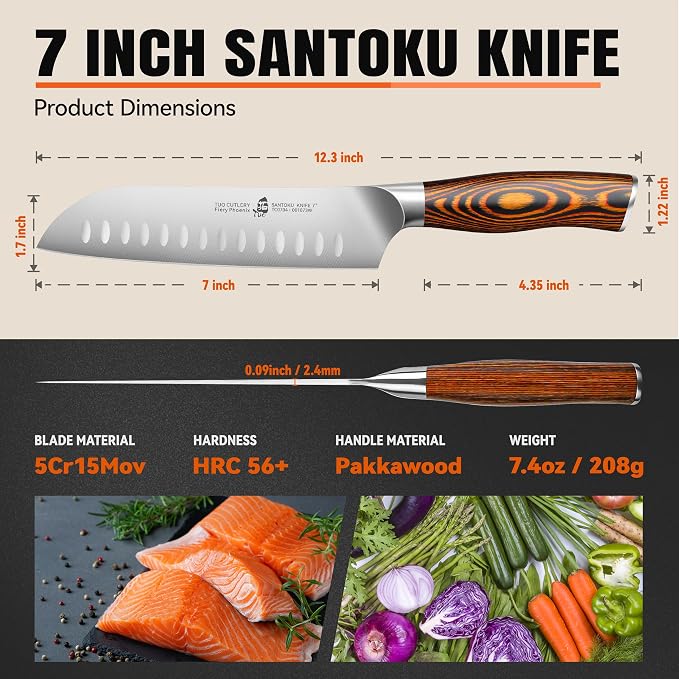 TUO Santoku Knife, 7 inch Japanese Chef Knife for Vegetable Chopping & Meat Dicing, High Carbon German Steel, Ergonomic Handle - Fiery Phoenix Series