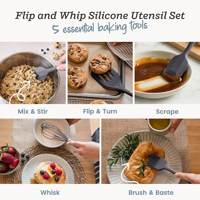 Starpack Flip and Whip Silicone Baking Utensils Set (5-Piece) - LFGB Non Toxic, 600°F Heat Resistant, BPA-Free - Whisk and Rubber Spatula Set with Pastry Brush - Dishwasher Safe, Nonstick Gray Black