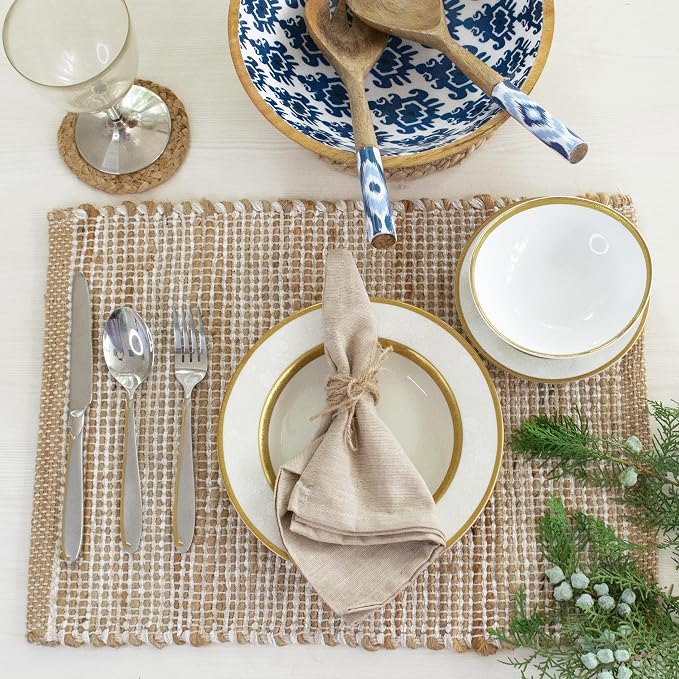 Natural Jute and Ivory Placemats, Set of 4 – Rustic Handmade Boho Table Mats, 13x19 Inch Dining Table Placemats for Kitchen, Everyday Meals, Holidays, Farmhouse or Modern Table Décor